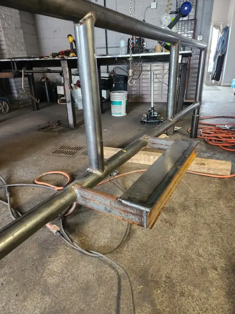 Custom steel gate frame fabricated in the welding shop