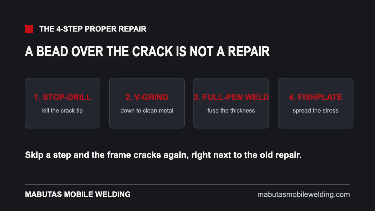 Four steps of a proper trailer frame crack repair: stop-drill, grind, weld, reinforce