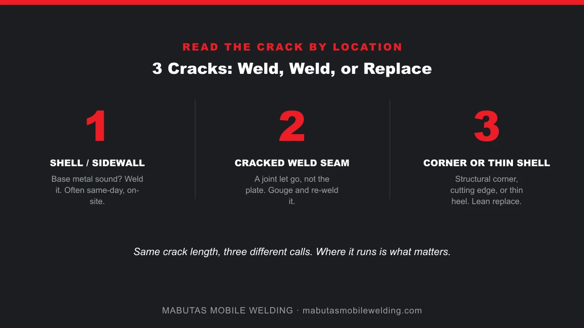 Reading an excavator bucket crack by location: shell, weld seam, or structural corner