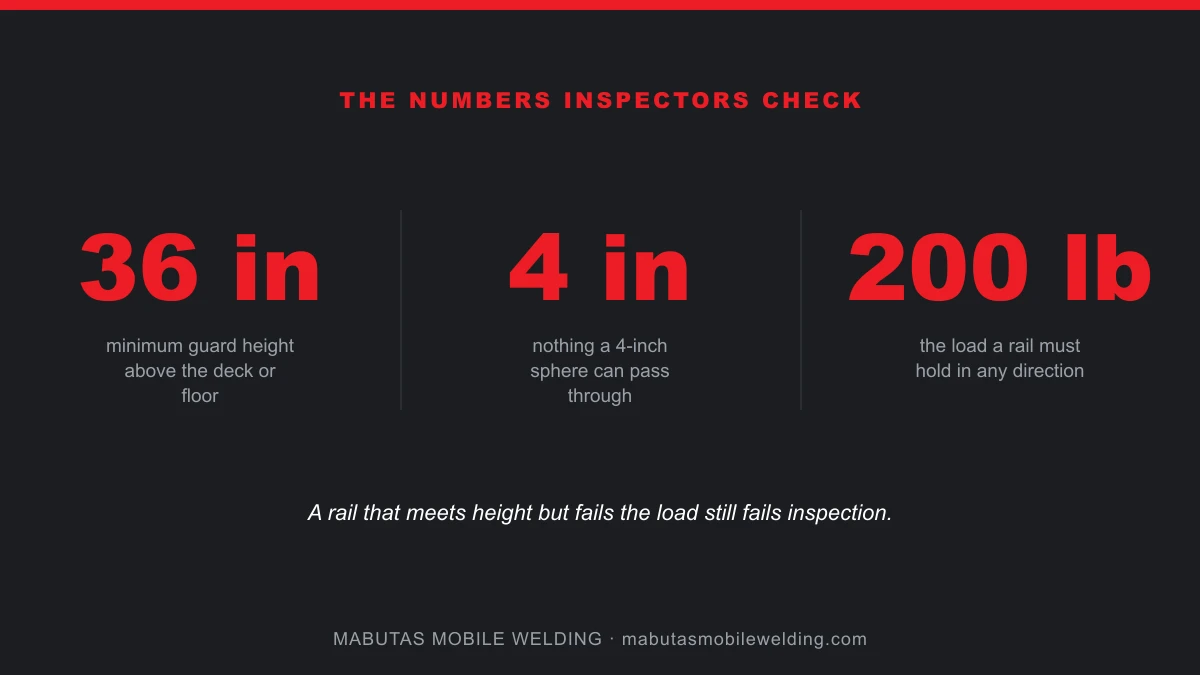 Three key railing code numbers for guard height, gap width, and required load