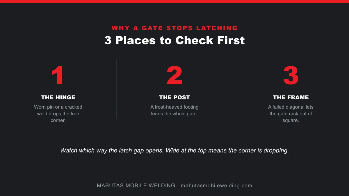 The three places a metal gate stops latching: the hinge, the post, and the frame