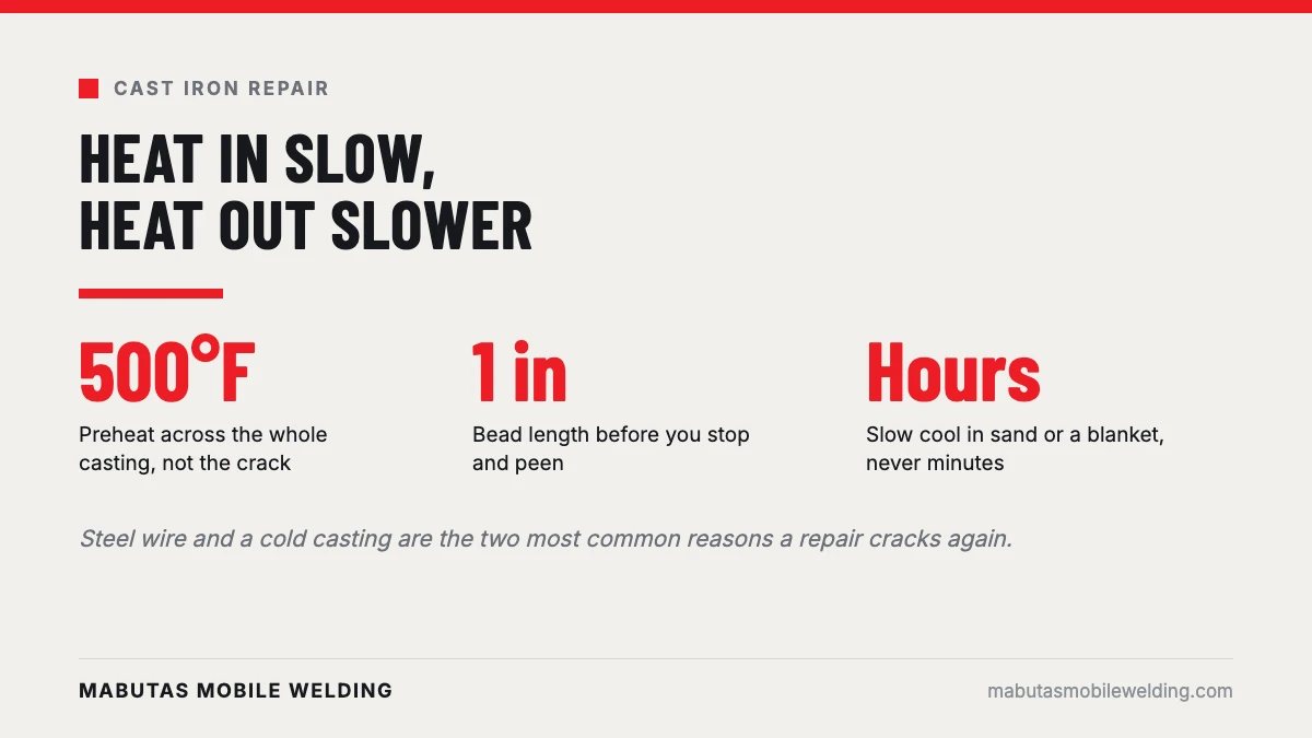 Preheat temperature, bead length and cooling time that keep a cast iron weld from cracking