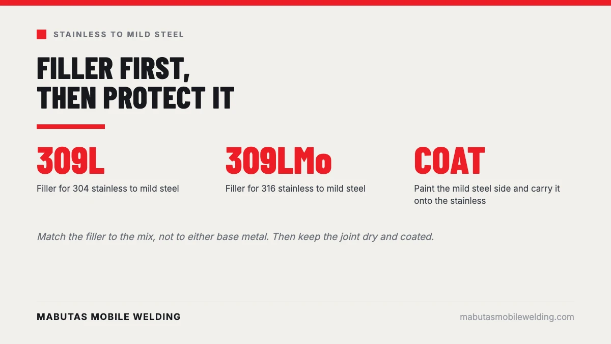Filler choices for stainless steel to mild steel joints, 309L and 309LMo, and coating the mild steel side