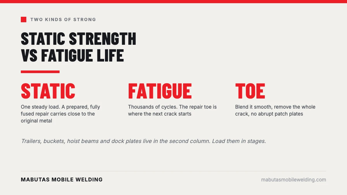 Static strength versus fatigue life on a welded repair, and what changes under repeated load