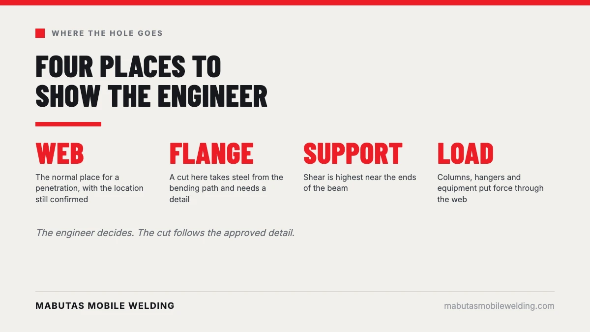Four locations to show the engineer before cutting a beam: web, flange, support and load