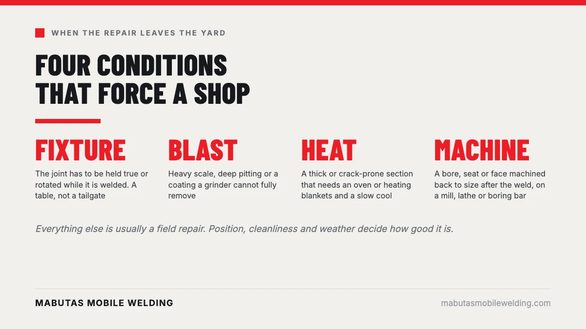 The four conditions that move a weld repair from the field to a shop: fixturing, blasting, preheat with a slow cool, and machining after the weld